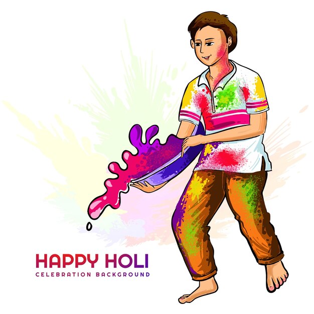 Vector gratuito el personaje del hombre divertido del dibujo a mano celebra el colorido fondo de la tarjeta de holi