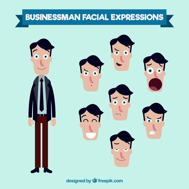 Personaje de hombre de negocios con diferentes caras expresivas