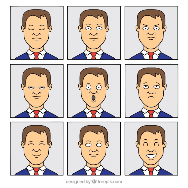 Vector gratuito personaje de hombre de negocios con nueve expresiones faciales