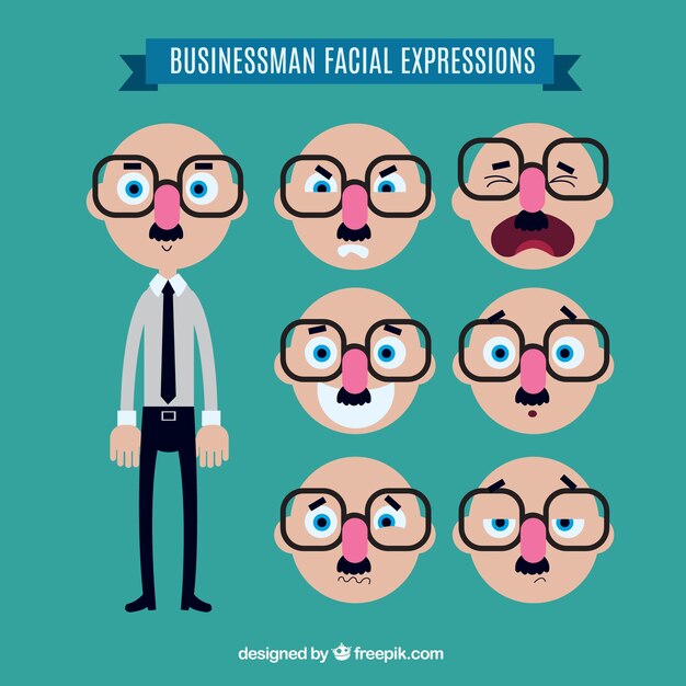Personaje de hombre de negocios plano con seis expresiones faciales fantásticas