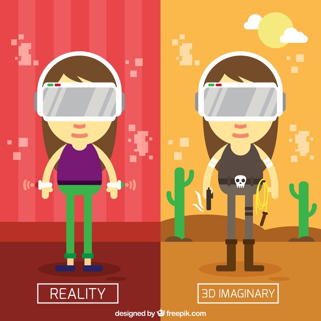 Personaje jugando con gafas de simulación en diseño plano