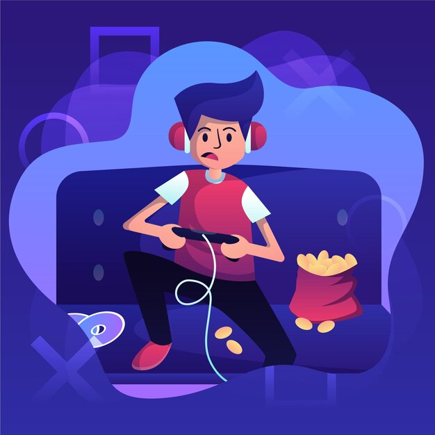Personaje jugando videojuegos y comiendo bocadillos