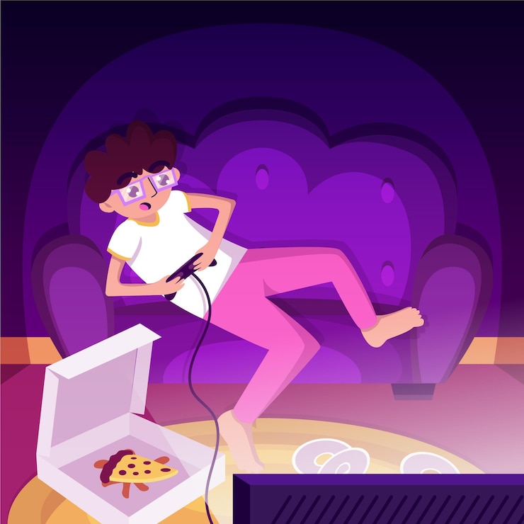 Vector gratuito personaje jugando videojuegos y comiendo pizza