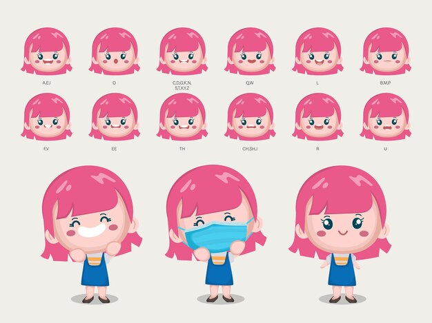Personaje de linda chica con diferentes poses y emociones.