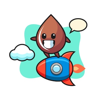 Personaje de mascota de gota de chocolate montando un cohete