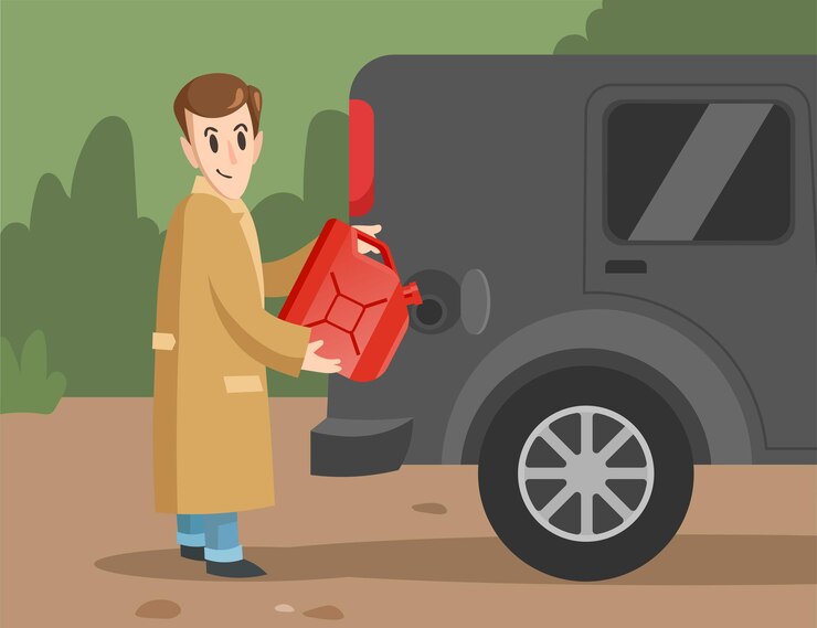 Vector gratuito personaje masculino de dibujos animados vertiendo gasolina en el coche