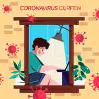 Vector gratuito personaje masculino trabajando en el toque de queda por coronavirus portátil