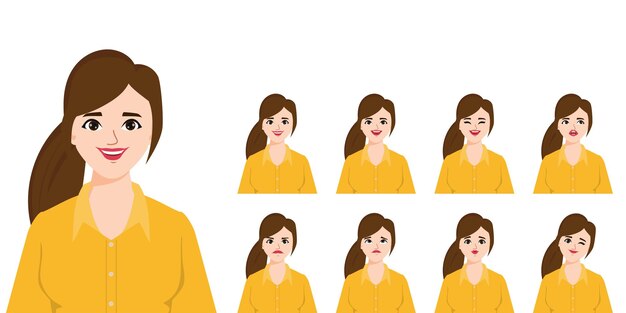 Personaje de mujer con diferentes poses y emociones.