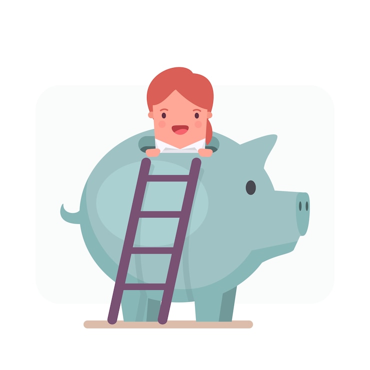Vector gratuito personaje de mujer de negocios asomando de una hucha