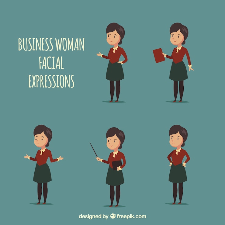 Vector gratuito personaje de mujer de negocios con cinco expresiones faciales diferentes