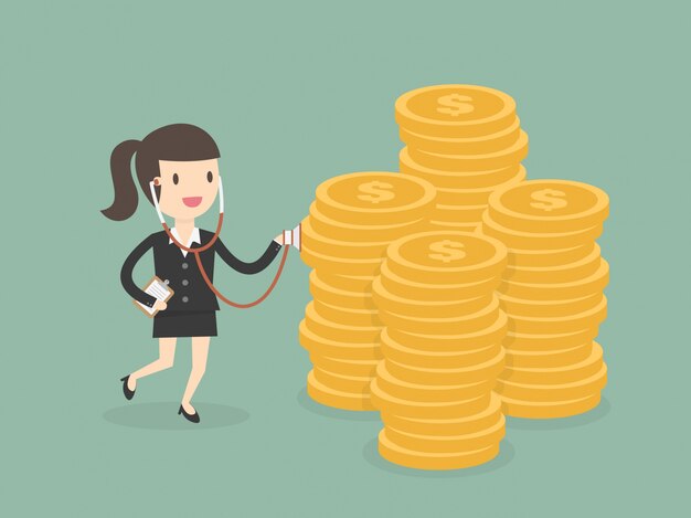 Personaje de mujer de negocios con dinero