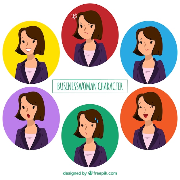 Vector gratuito personaje de mujer de negocios plana con expresiones faciales