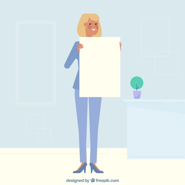 Personaje de mujer de negocios sujetando un papel grande