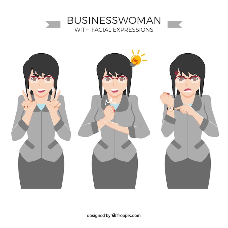 Vector gratuito personaje de mujer de negocios con tres caras expresivas diferentes