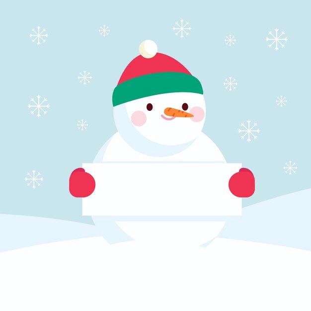 Personaje de muñeco de nieve sosteniendo pancarta vacía