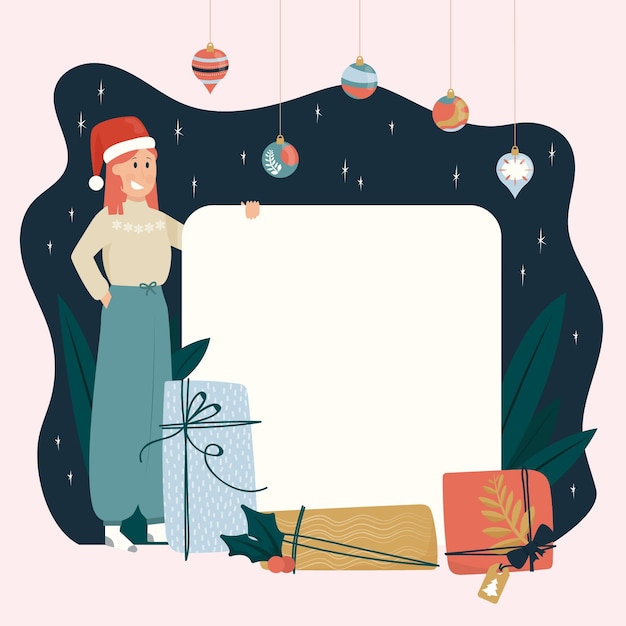 Vector gratuito personaje de navidad con banner en blanco