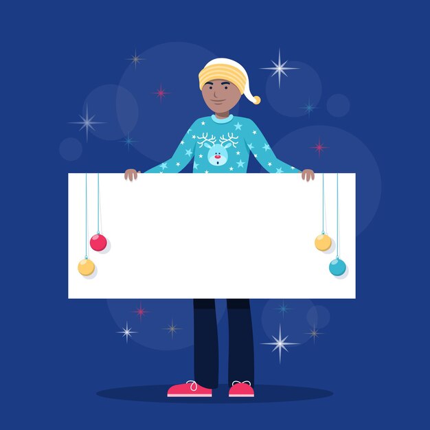 Personaje de navidad con banner en blanco