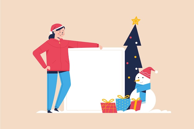 Vector gratuito personaje de navidad con banner en blanco