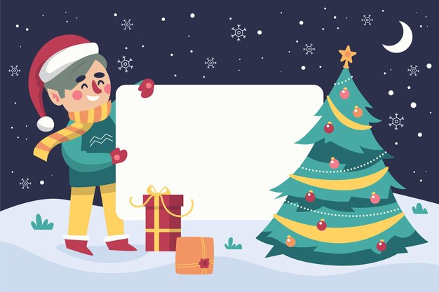 Personaje de Navidad con banner en blanco