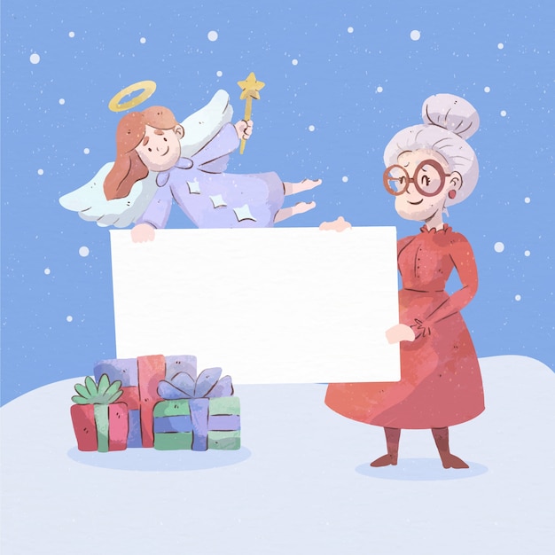 Vector gratuito personaje de navidad con banner en blanco