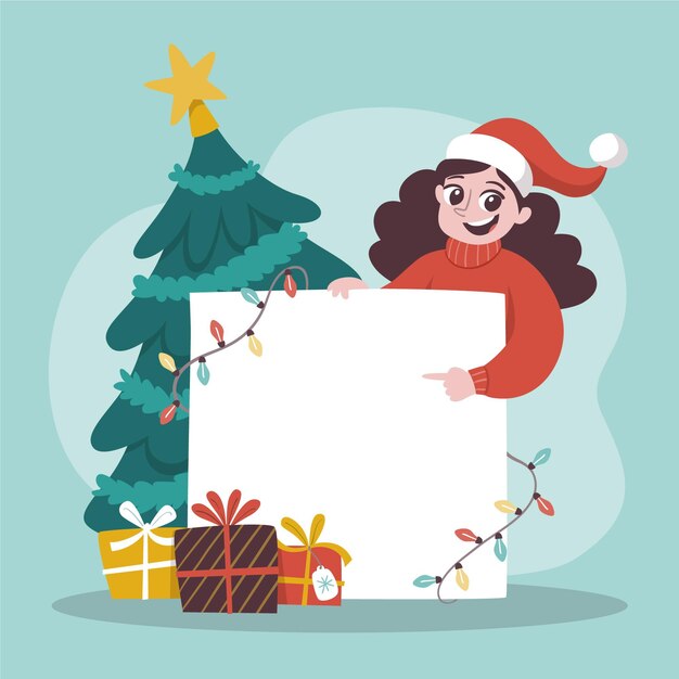 Personaje de Navidad con banner en blanco