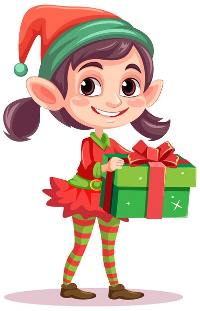 Personaje de Navidad de dibujos animados de niña elfo con regalo