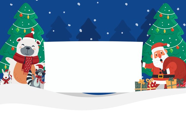 Personaje de navidad plano dibujado a mano sosteniendo pancarta en blanco