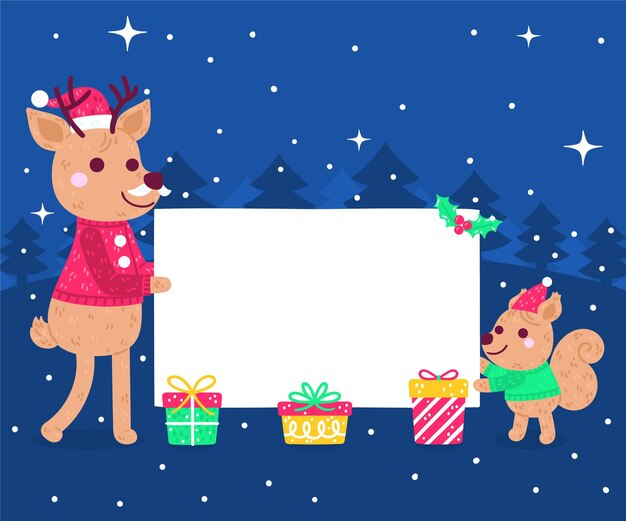 Personaje de navidad plano dibujado a mano sosteniendo pancarta en blanco