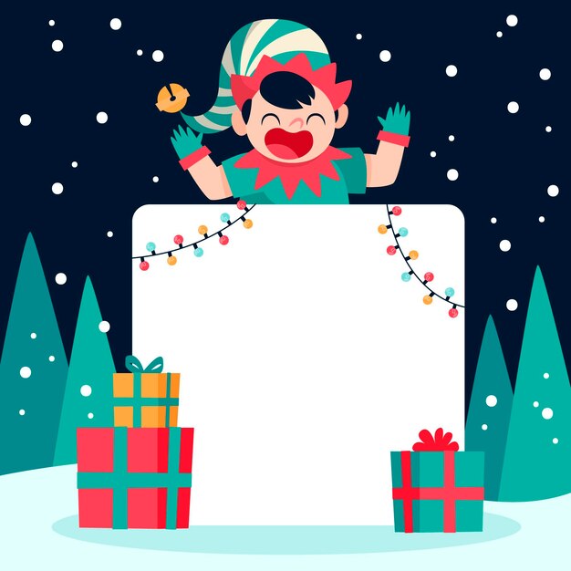 Personaje de navidad plano dibujado a mano sosteniendo pancarta en blanco