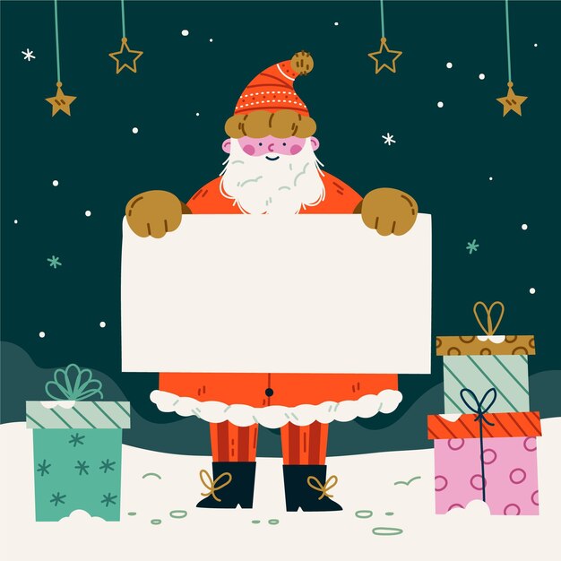 Personaje de navidad plano dibujado a mano sosteniendo pancarta en blanco