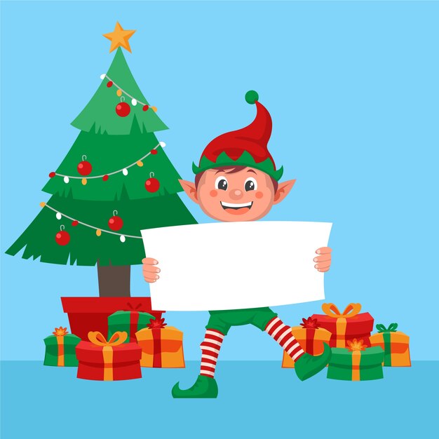 Personaje de Navidad sosteniendo pancarta en blanco
