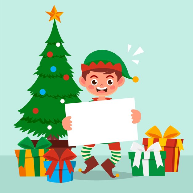Personaje de Navidad sosteniendo pancarta en blanco