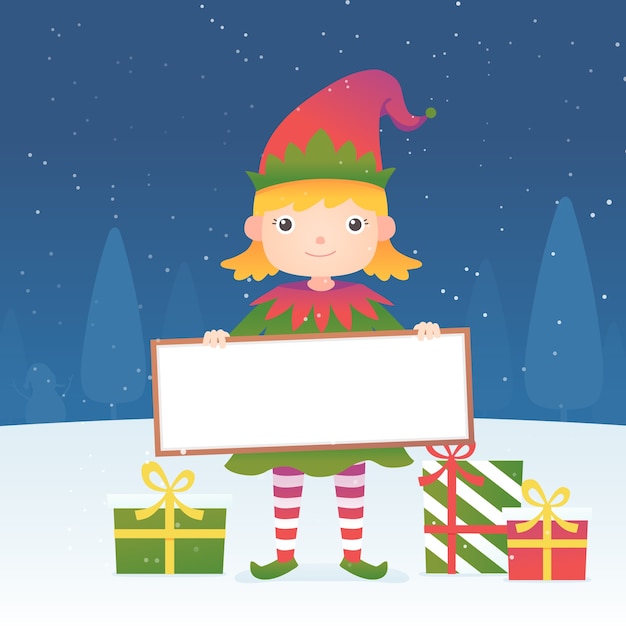 Personaje de Navidad sosteniendo pancarta en blanco