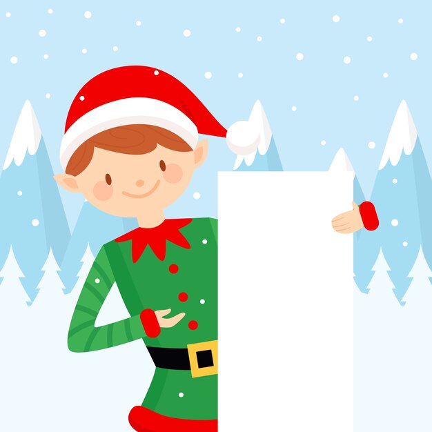 Personaje de Navidad sosteniendo pancarta en blanco