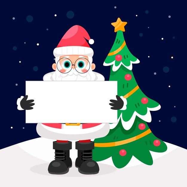 Personaje de Navidad sosteniendo pancarta en blanco
