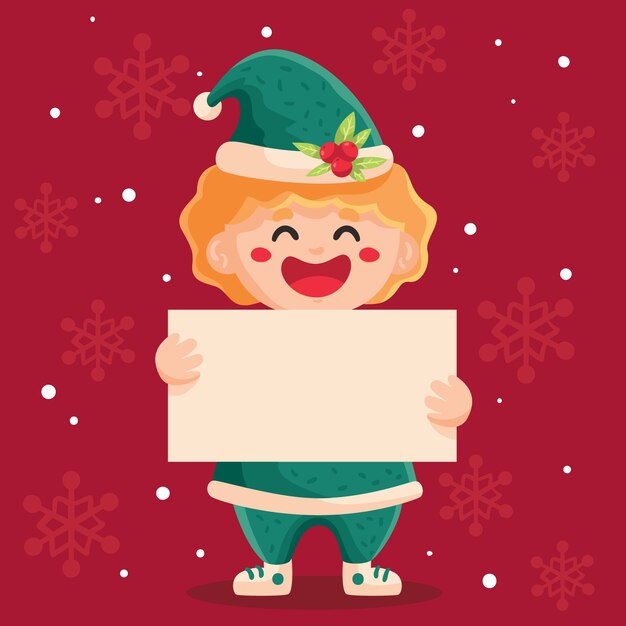 Personaje de Navidad sosteniendo pancarta en blanco