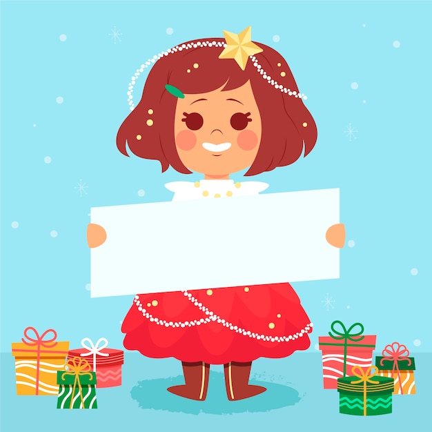 Personaje de Navidad sosteniendo pancarta en blanco