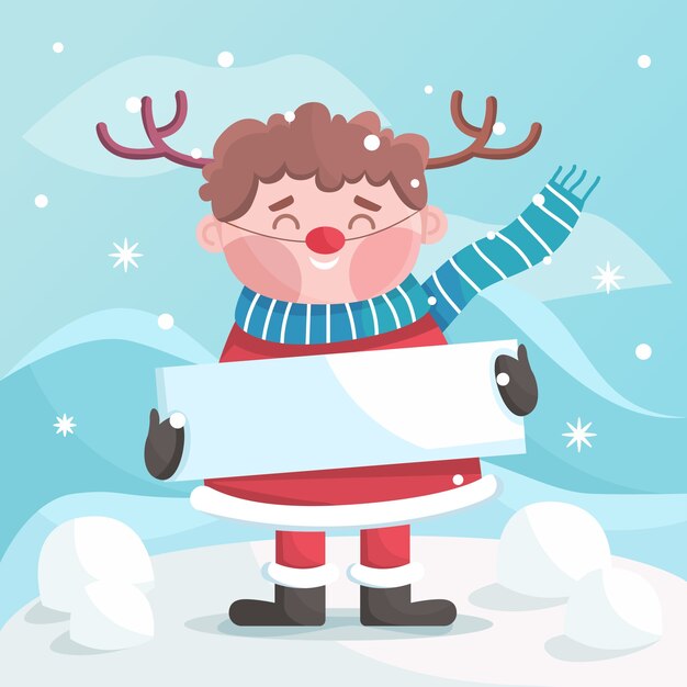 Personaje de Navidad sosteniendo pancarta en blanco