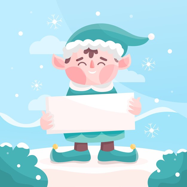 Personaje de Navidad sosteniendo pancarta en blanco