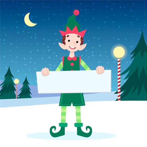 Personaje de Navidad sosteniendo pancarta en blanco