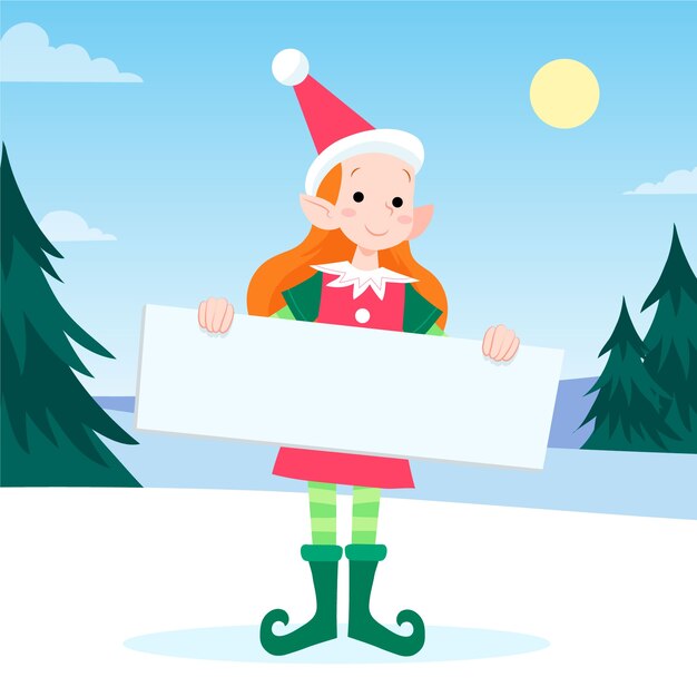 Personaje de Navidad sosteniendo pancarta en blanco