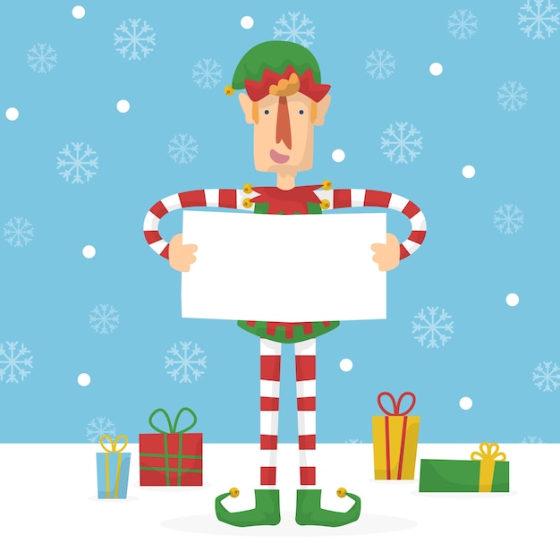 Personaje de Navidad sosteniendo pancarta en blanco