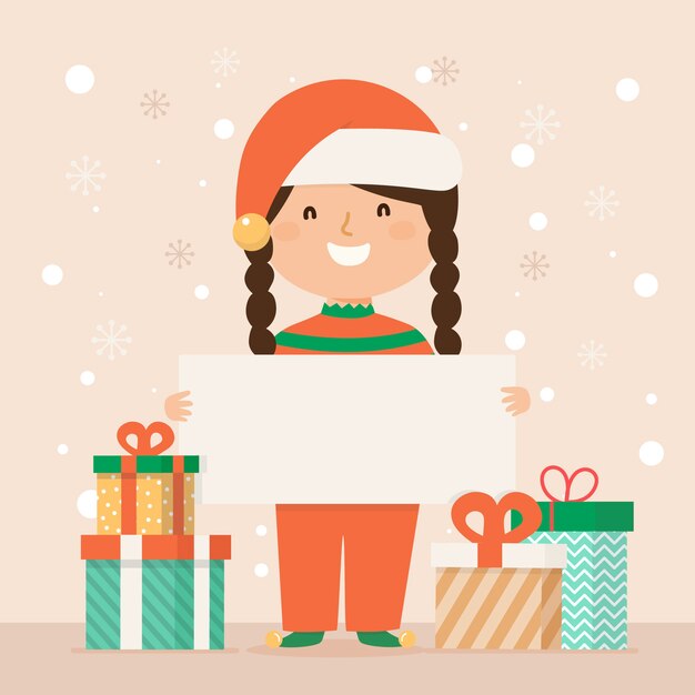 Personaje de Navidad sosteniendo pancarta en blanco