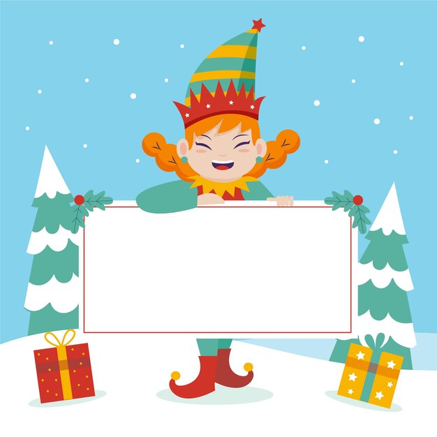 Personaje de Navidad sosteniendo pancarta en blanco