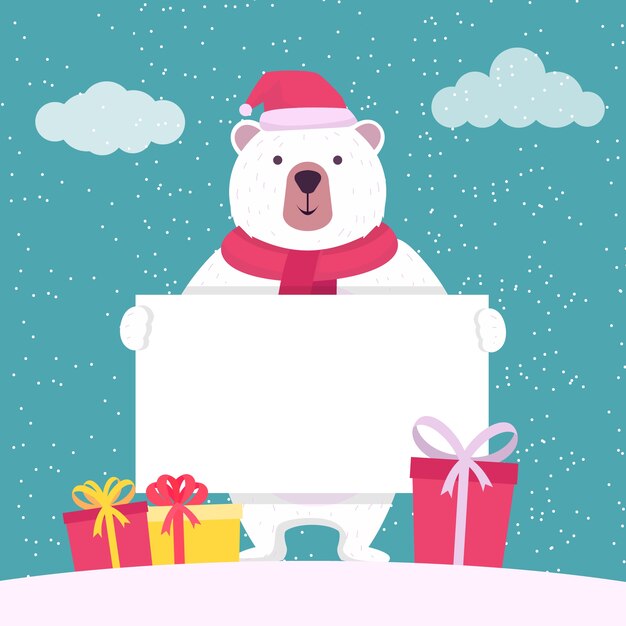 Personaje de Navidad sosteniendo pancarta en blanco