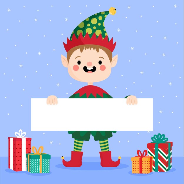 Personaje de Navidad sosteniendo pancarta en blanco
