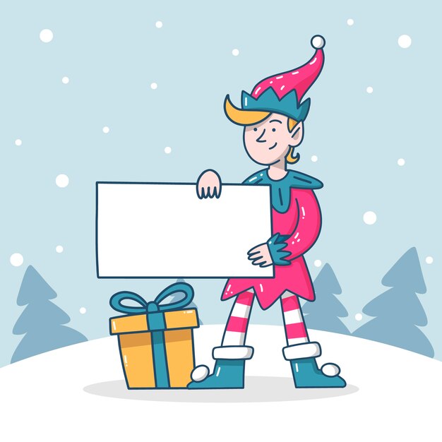 Personaje de Navidad sosteniendo pancarta en blanco