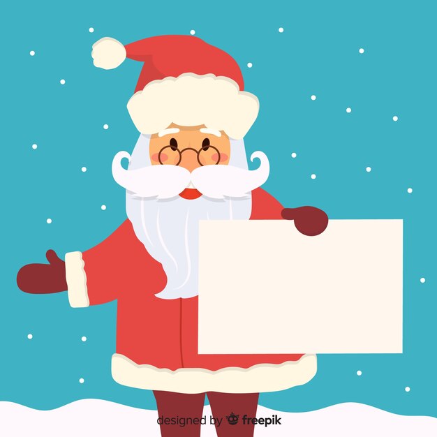 Personaje de navidad con una tarjeta blanca en diseño plano