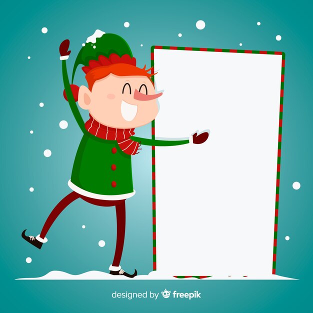 Personaje de navidad con una tarjeta blanca