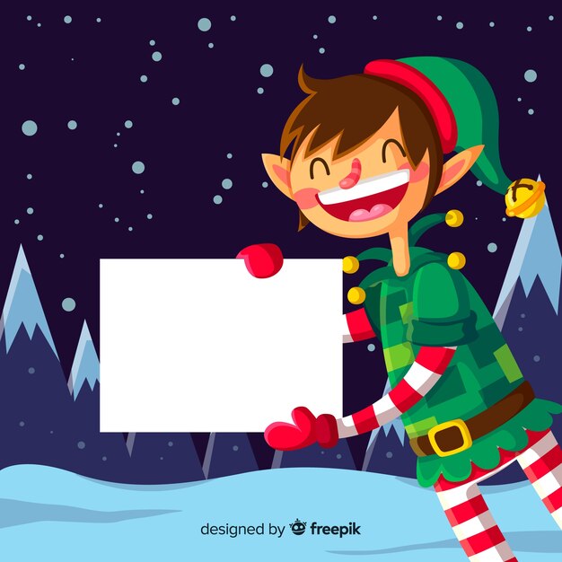 Personaje de navidad con una tarjeta blanca